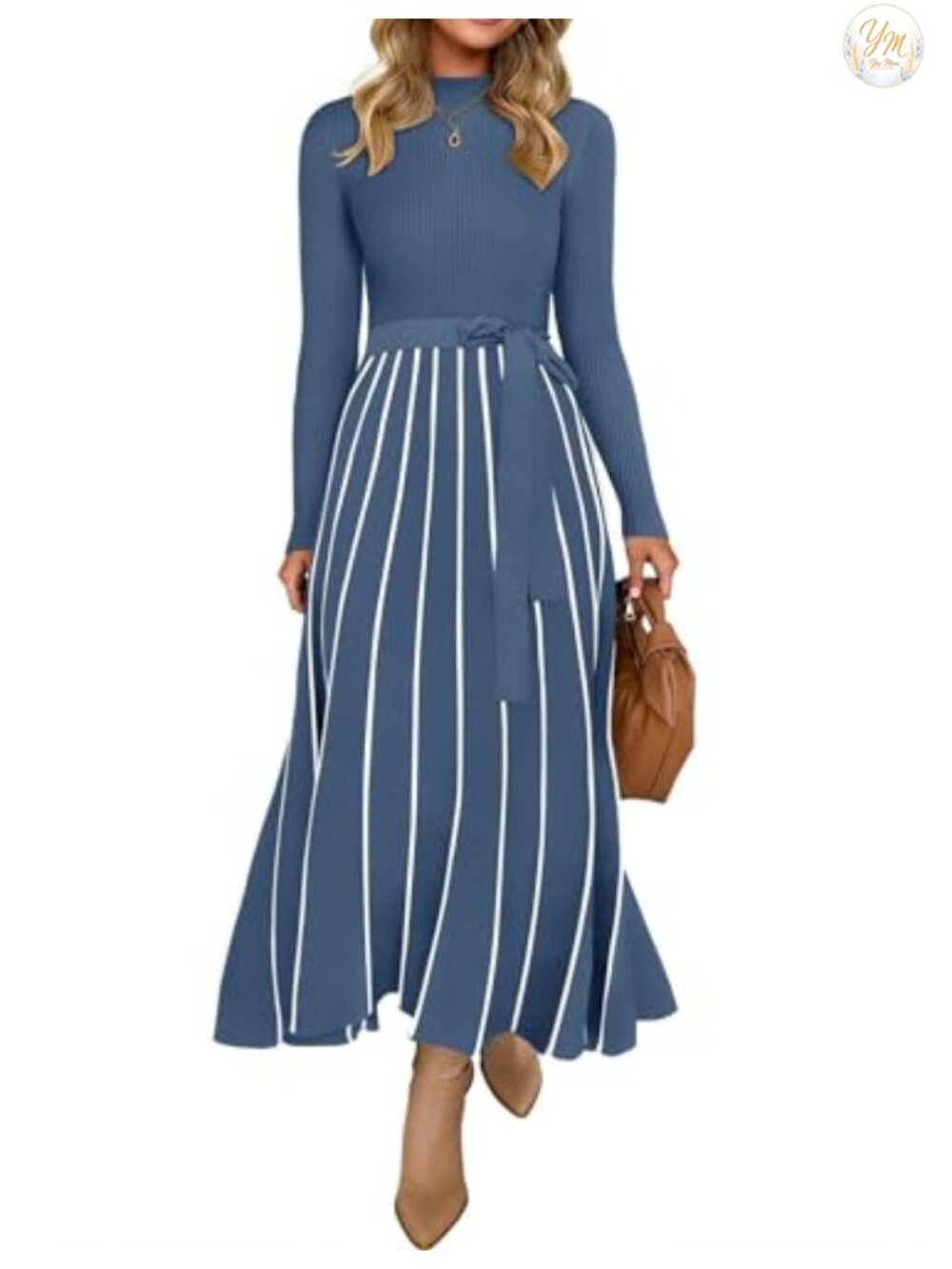 Ribbed Knit Long Sleeve Turtleneck Maxi Sweater Dress with Belt